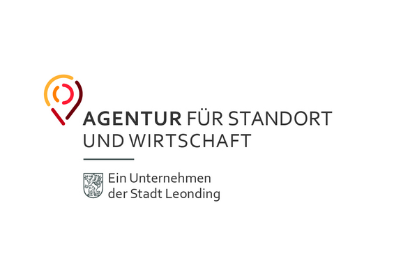Schriftzug Agentur für Standort und Wirtschaft, Ein Unternehmen der Stadt Leonding, mit bunter Stecknadel